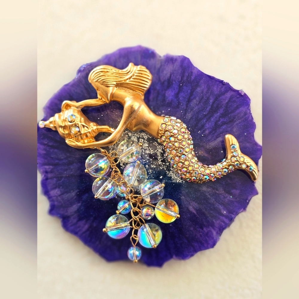 Vintage Kirk's Folly Oceana Gold Aurora Borealis Crystals Mermaid Brooch Dangle - Picture 11 of 15